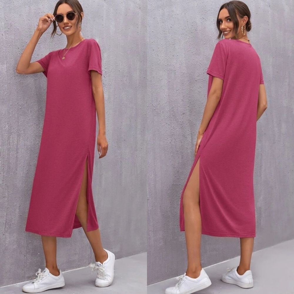 Short sleeve midi length slit tee dress casual boho black - Picture 7 of 10